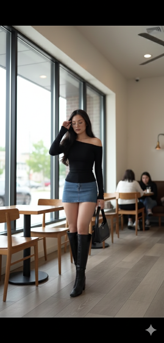 Blusa Ajustada Negra + falda Jean Clasic ( Sexy Casual ) Tela de calidad